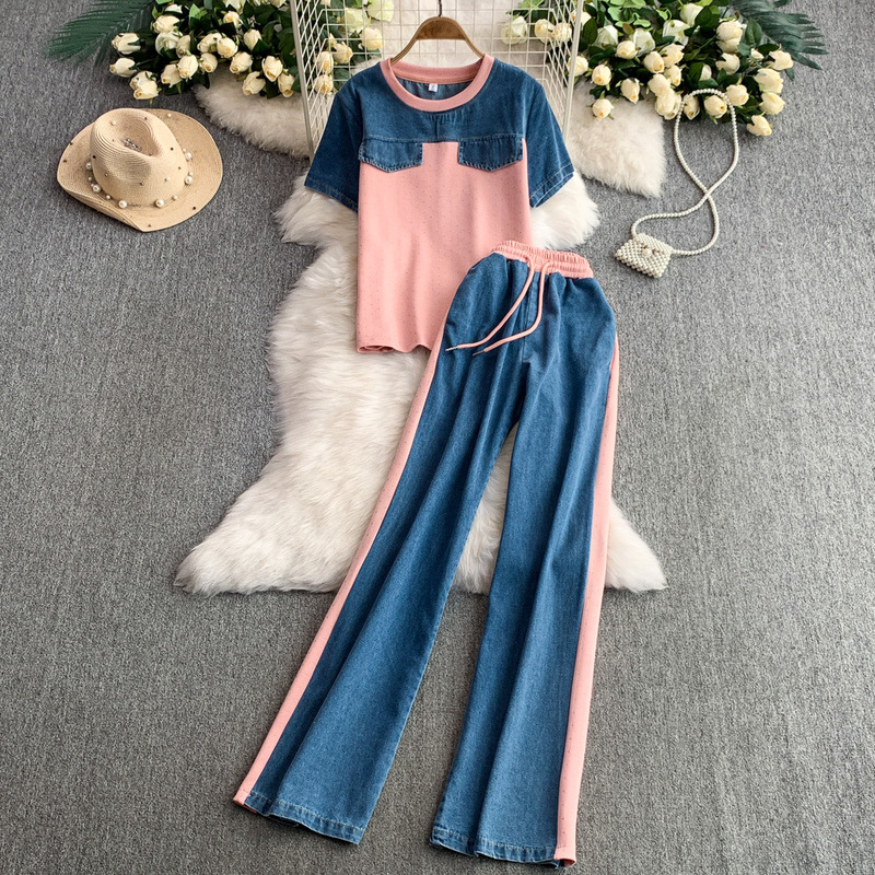 Casual Suit for Women 2025 Summer New Style Denim Splicing Hot Diamond T-Shirt Top + High Waist Slimming Look Wide Leg Pants Two-Piece Set Casual Suit for Women 2025 Summer New Style Denim Splicing Hot Diamond T-Shirt Top + High Waist Slimming Look Wide Leg Pants Two-Piece Set