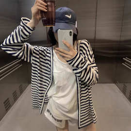 韩系复古条纹微透开衫长袖外套女宽松设计感小众休闲防晒罩衫上衣