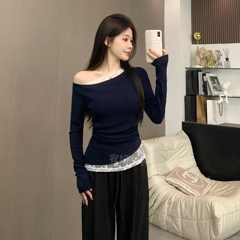 秋季穿搭女蕾丝假两件一字斜露肩长袖T恤修身收腰褶皱打底小上衣|undefined