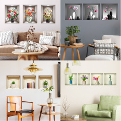 一米牆貼3D花瓶植物花卉牆貼紙裝飾三聯畫背景牆玄關客廳貼紙pvc