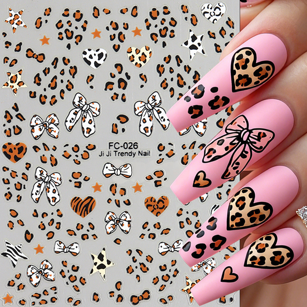 Cross-Border Leopard Print Nail Art Stickers with Adhesive Backing, Self-Adhesive Heart-Shaped Bow Mixed with Leopard Print Style, Girly Nail Decoration Stickers