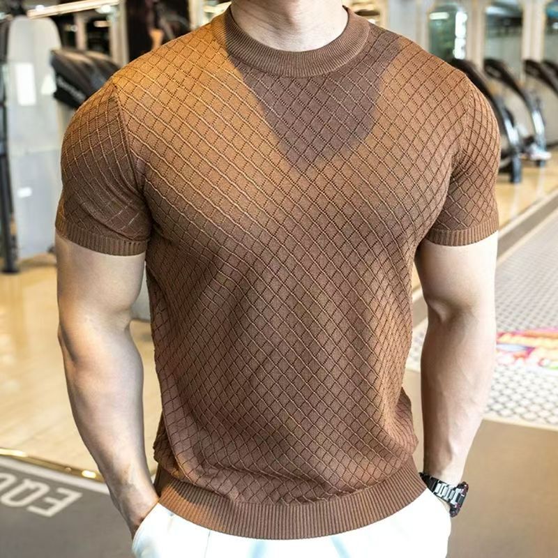 New Hollow Ice Silk Knitted Short-Sleeved Men's Sports and Fitness Muscle-Showing Knitted Bottoming Shirt Half-Sleeved
