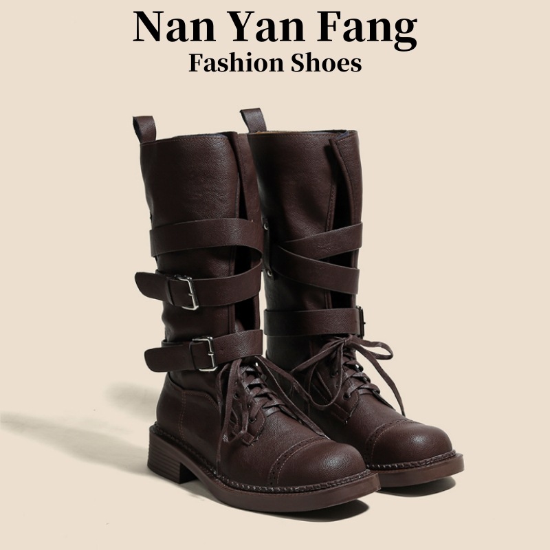 [Ready Stock, Quick Delivery] Thick-Soled Belt Buckle Cool Motorcycle Boots for Women Mid-Calf Retro British Thick Heel Square Toe Boots