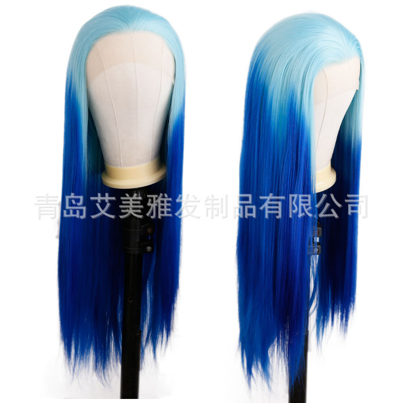 Wig Women's European and American new front lace gradient blue mid-length straight hair matte high temperature silk factory in stock generation hair