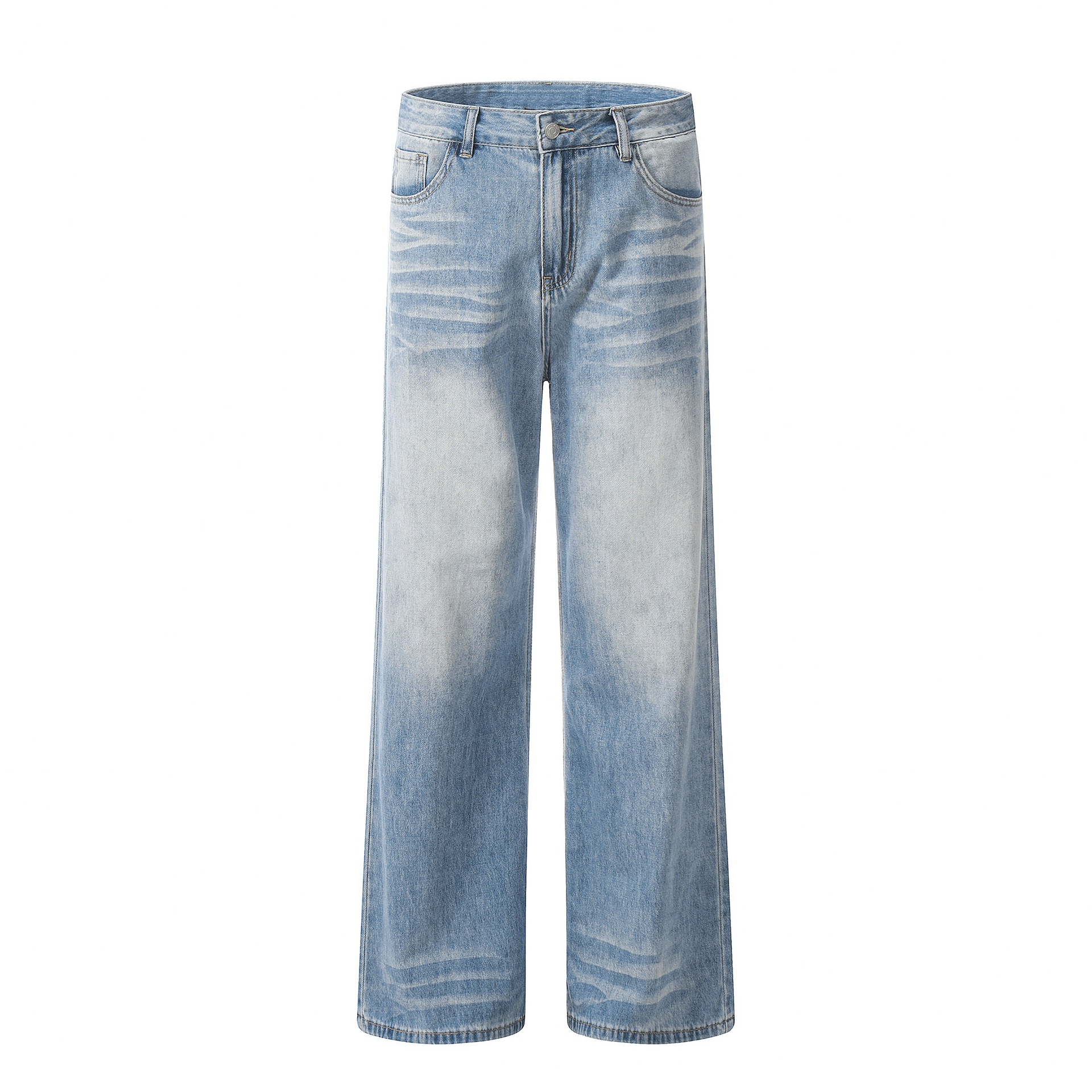 Vintage Washed Blue Wide Leg Jeans For Men & Women | Retro Loose Fit Straight Denim Pants | High Waist Comfort Styling_mkmklike.com
