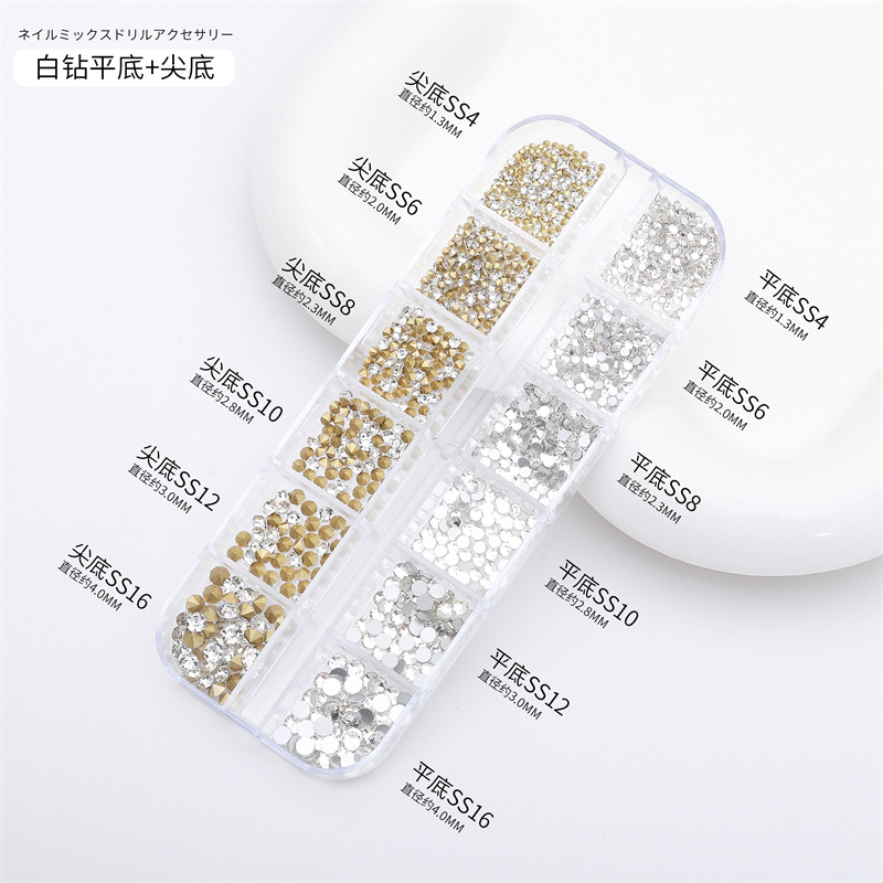 Caja larga de 12 cuadros para uñas y joyas de diamantes de imitación fondo plano plano transparente diamante AB manicura mezcla de diamantes decoración de diamantes de uñas