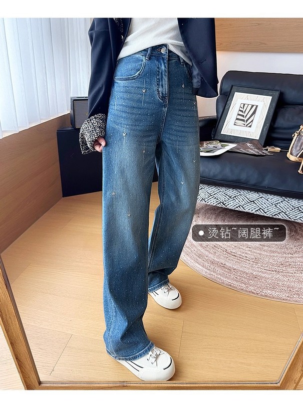 梦幻满天星！重工烫钻窄版时髦牛仔裤女 宽松显瘦秋款直筒阔腿裤|undefined