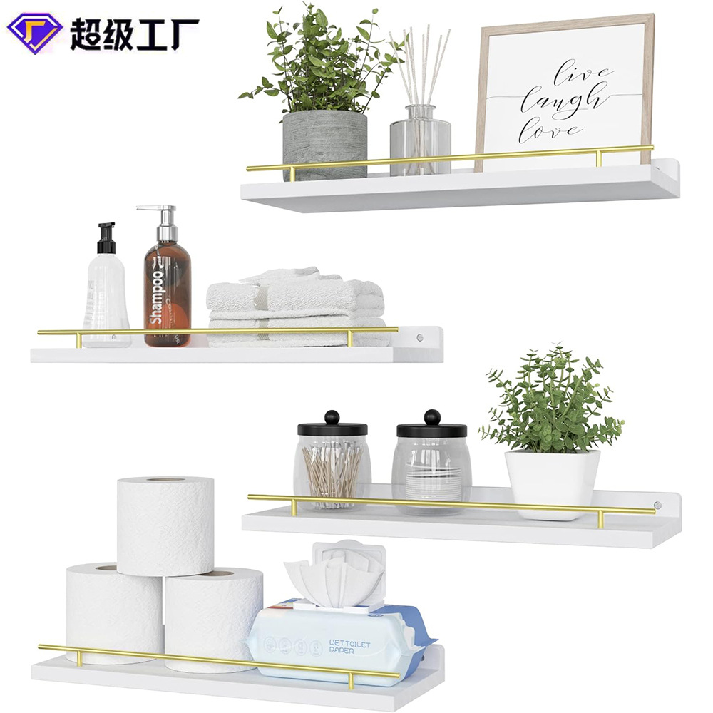 Estante de partición flotante de madera con metal negro barandilla pared estante decorativo baño artículos de tocador rollo de papel rack de almacenamiento