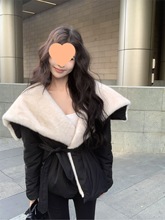 复古撞色皮毛拼接大翻领棉服外套女冬季修身绑带保暖气质棉衣棉袄