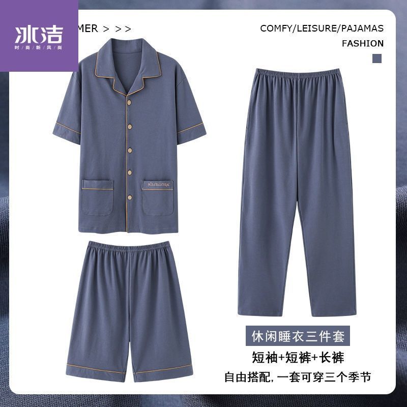 100% pijamas de algodón de los hombres de verano cardigan pantalones cortos de manga corta pantalones de tres piezas delgada más tamaño homewear traje