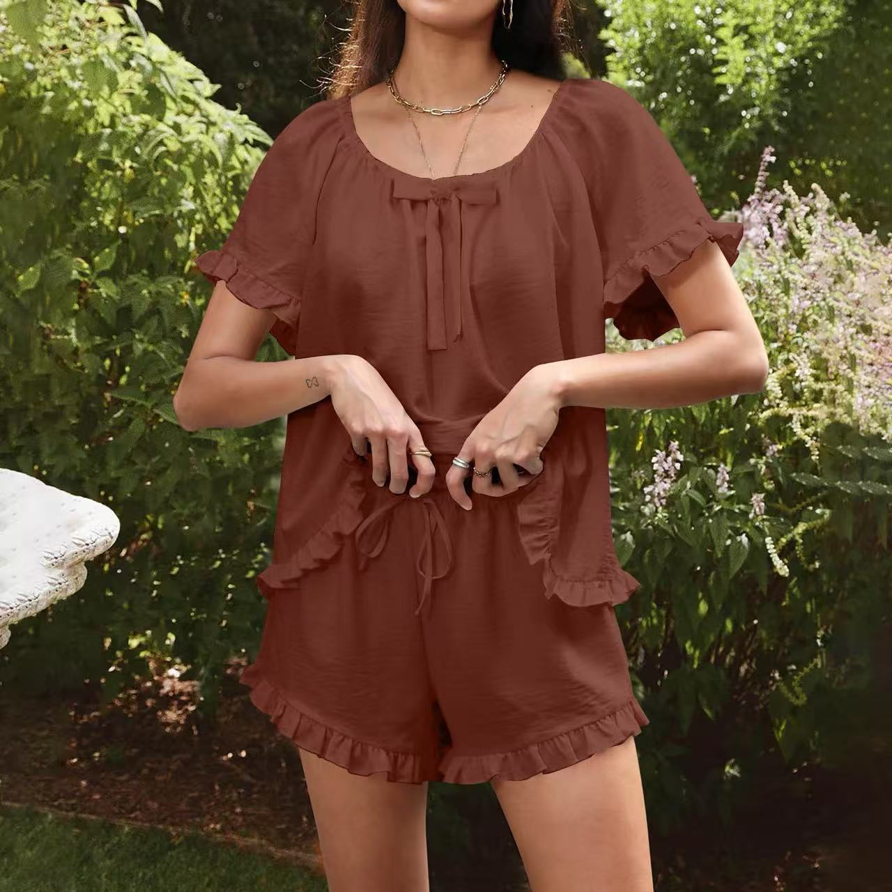 2026 Short-Sleeved Suit with Fresh Style, Pleated Edges, Sweet Girly Feel, Cute Age-Reducing Pajamas, Summer Home Wear