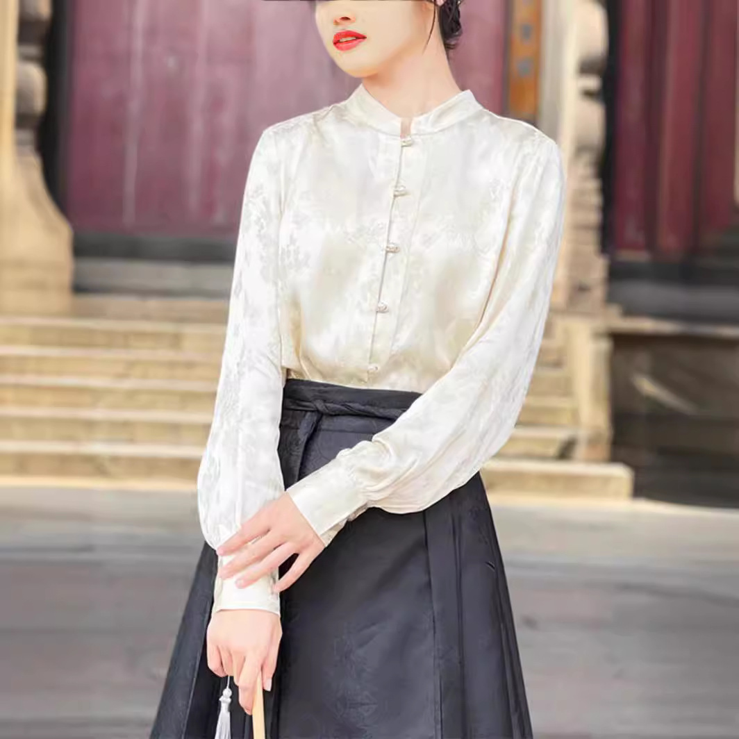 New Chinese-Style Women's Clothing, Acetate White Song Brocade Mulberry Silk Top, Autumn New Inner Wear, Button-Up Stand Collar Silk Shirt