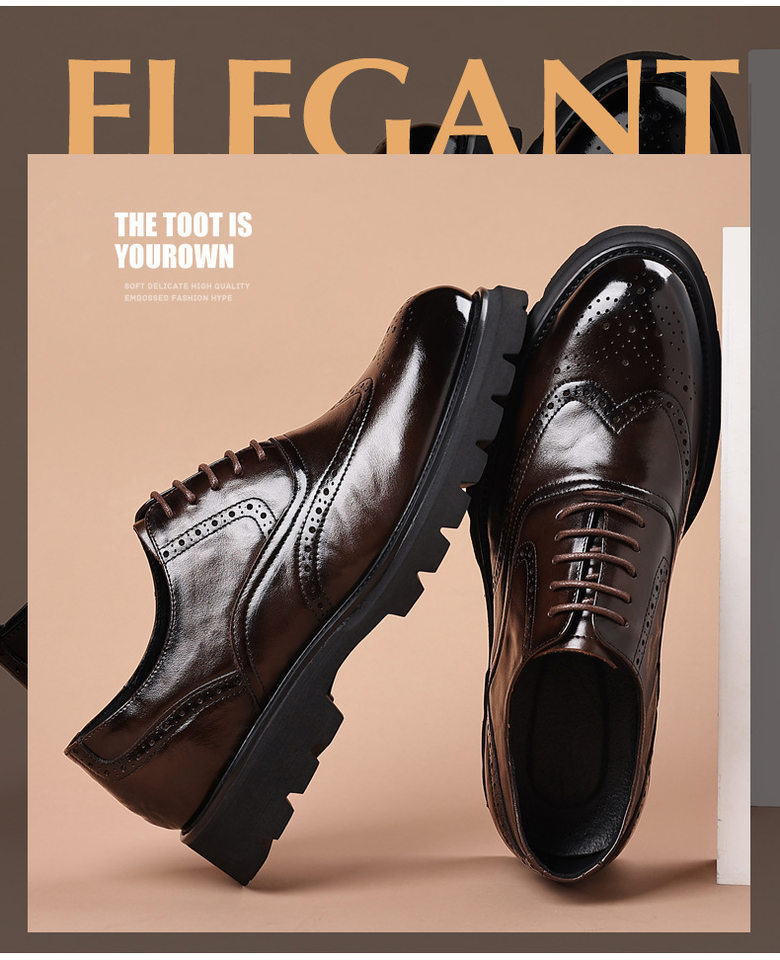 Giày da nam công sở kiểu brogue khắc hoa văn, da bò lớp đầu, đế cao su xốp nhẹ, dây buộc — Màu nâu, màu đen chi tiết 4