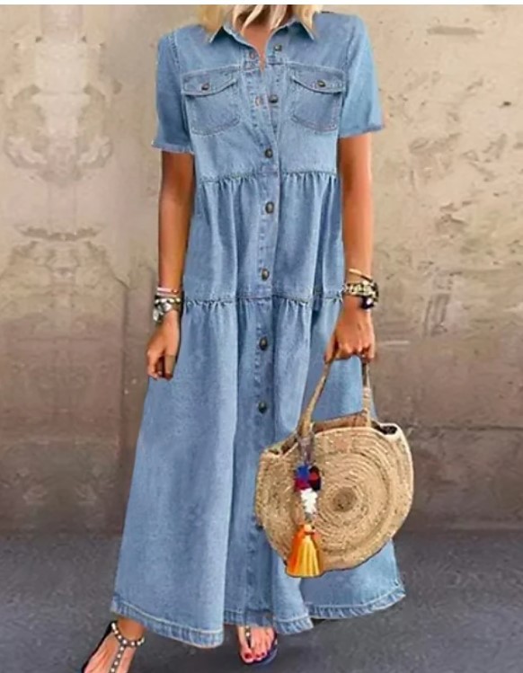Y2057 Europe And The United States Denim Style Long Style Multi - button Old Dresses