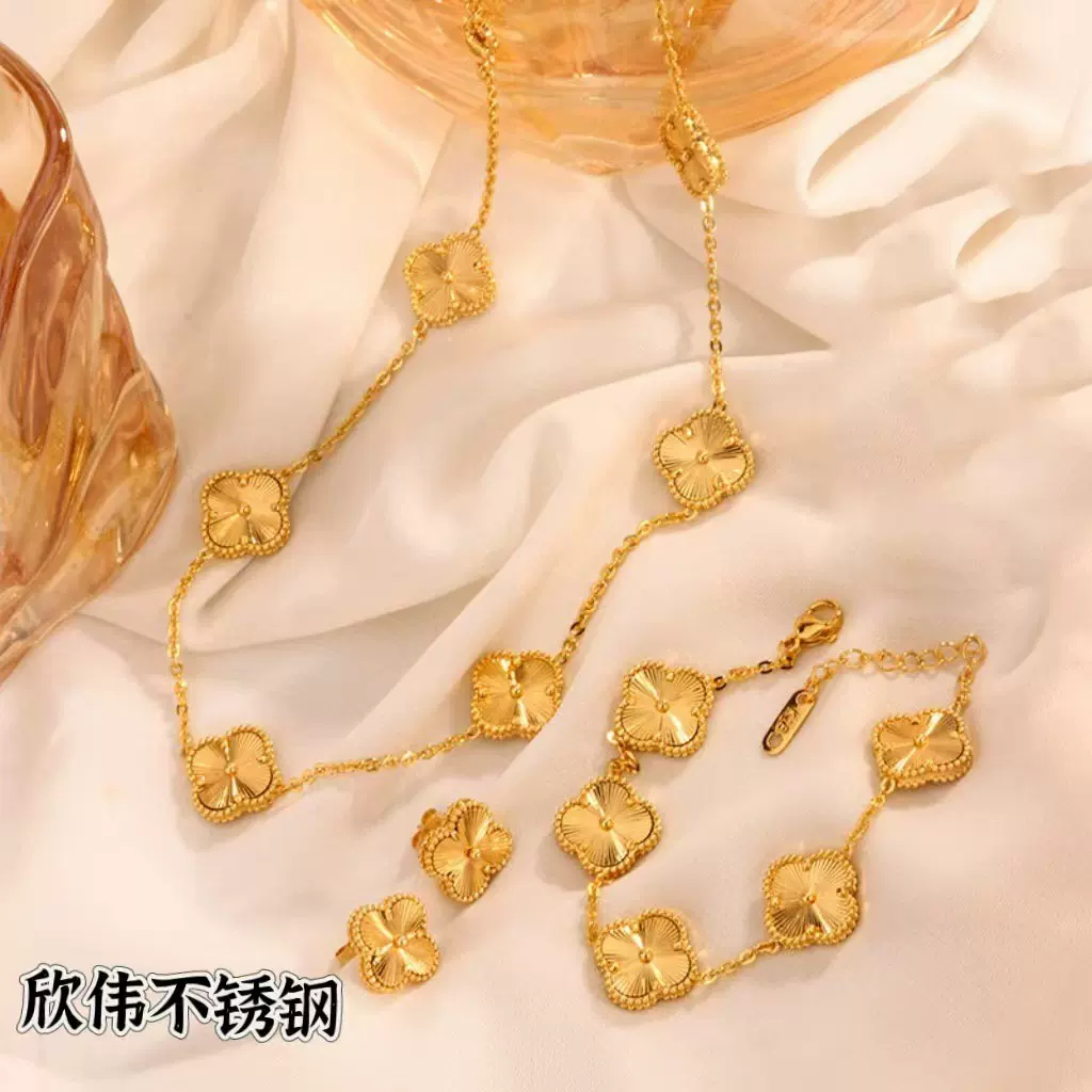 简约气质五叶花饰品套装 钛钢四叶草时尚百搭网红潮项链耳钉手链