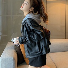 皮衣外套女2025秋冬新款假两件连帽短款小个子机车服加厚pu皮夹克