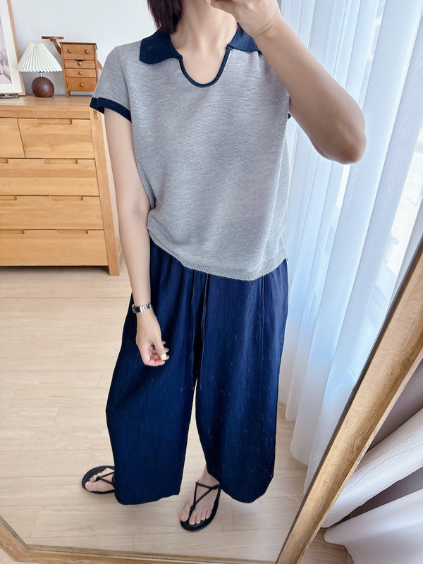 Mr.ファッション~快適で通気性のあるコントラストカラーラペルポロカラールーズスリムニット半袖Tシャツトップス|undefined