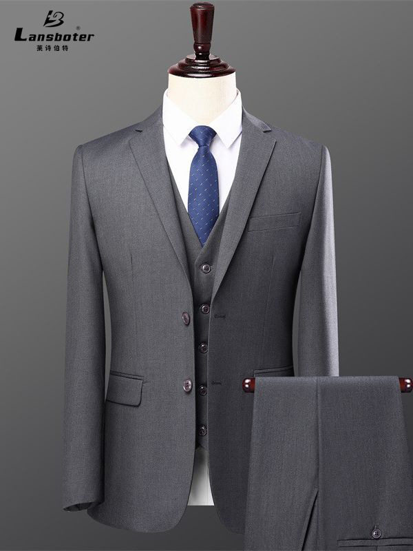 Bộ vest nam hai mảnh dáng ôm, áo vest cổ bẻ phẳng một hàng cúc, lễ phục cưới và đi làm — Bộ áo và quần một cúc màu xanh navy, Bộ đồ hai cúc màu xanh tím than (áo + quần), Bộ đồ hai cúc màu xám (áo + quần), Bộ đồ màu xám một cúc (áo + quần)