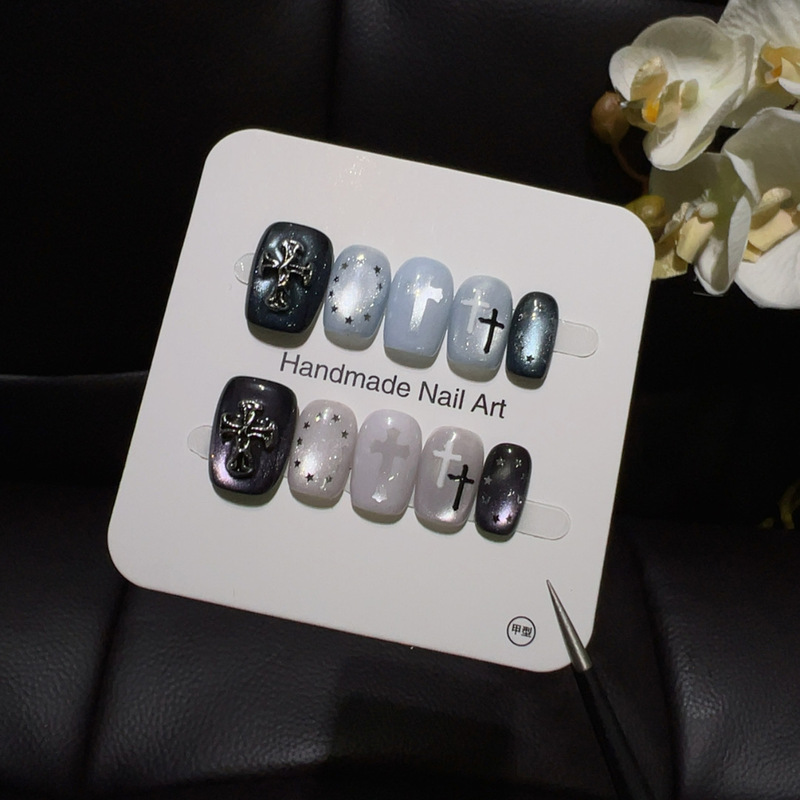【Gray Blue Cross】Ice-Clear Gray-Blue Star Black-Gray Gradient Cross Niche Punk Style Nail Art Pieces