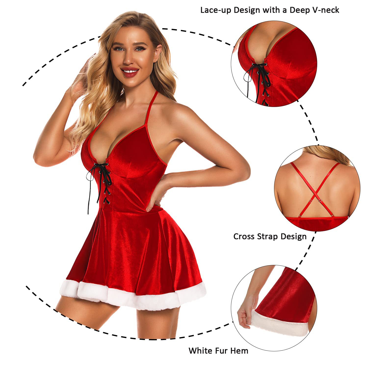 Lencería sexy, cinturón navideño de terciopelo dorado, falda ajustada con tirantes sexy, traje navideño_voghion.com