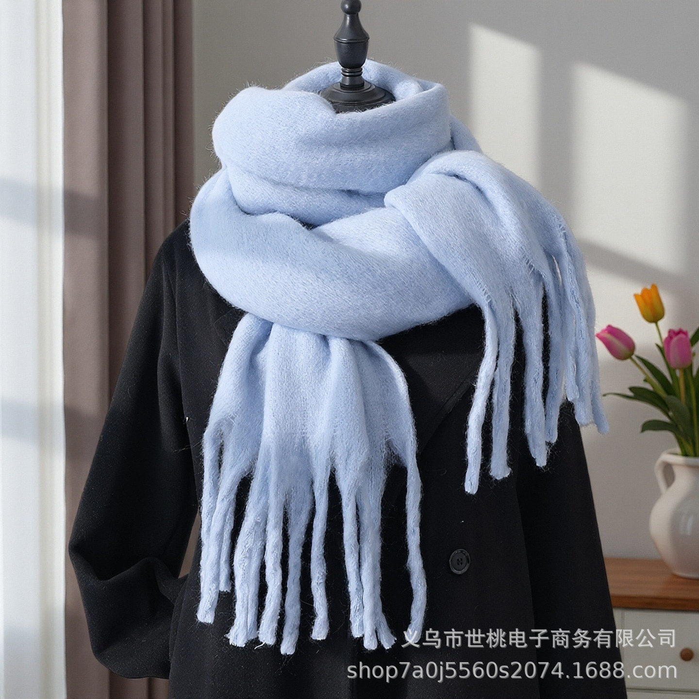 280g Mohair Pure Color Scarf Women's Winter Warm Scarf Macaron Color Thickeneded Thick Braided Tassel Shawl