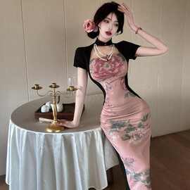 新中式国风印花旗袍连衣裙2025夏季新款时尚高级设计感包臀铅笔裙