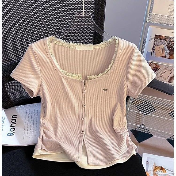 Lace Fake Two-Piece Short-Sleeved T-Shirt for Women, Summer 2026 New Design, Niche Slim-Fit Short Top with a Pure and Desirable Look