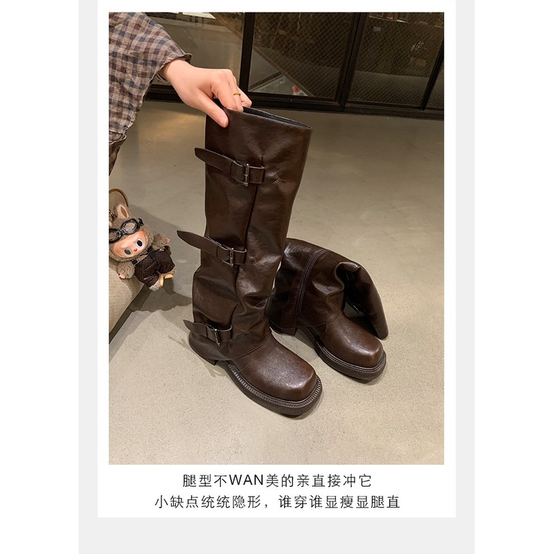 牛皮带扣同款西部靴女中筒褶皱堆堆褶皱裤管增高方圆骑士靴女|undefined