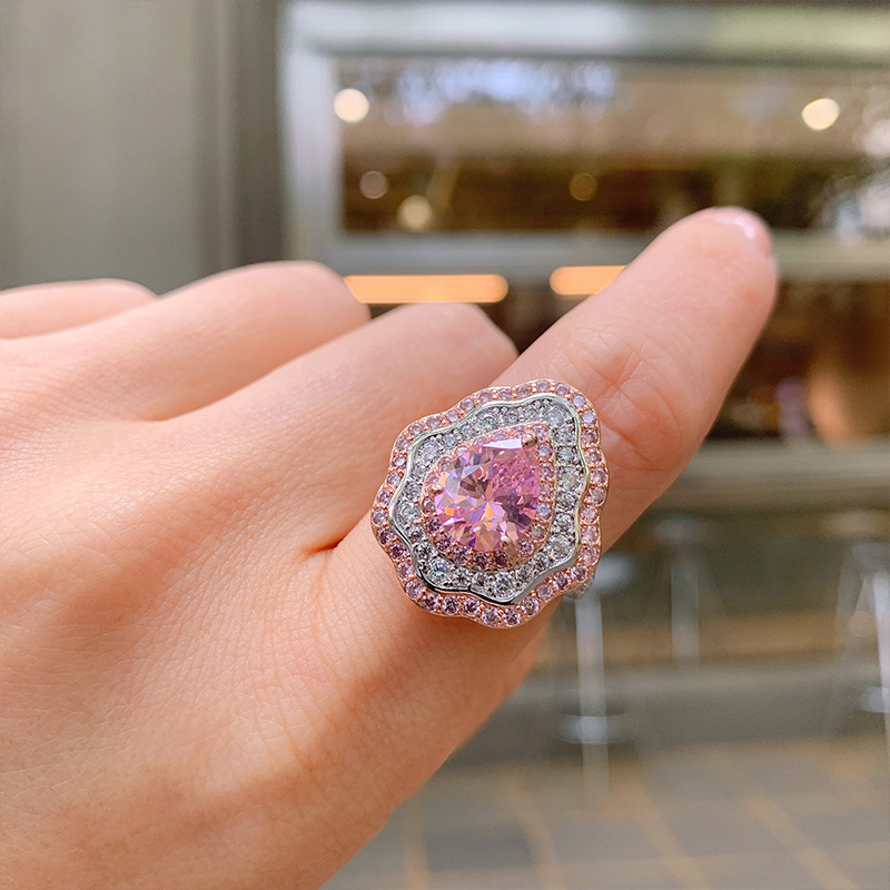 New Pink Diamond with Micro Setting Pear shaped Ring, Colorful Jewelry, Exaggerated Zircon Ring for Women_voghion.com