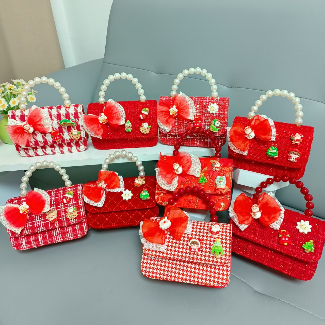 Cartera de Año Nuevo rojo arco de papá Noel bolso de perla pequeña cadena de viento fragante bolso de hombro