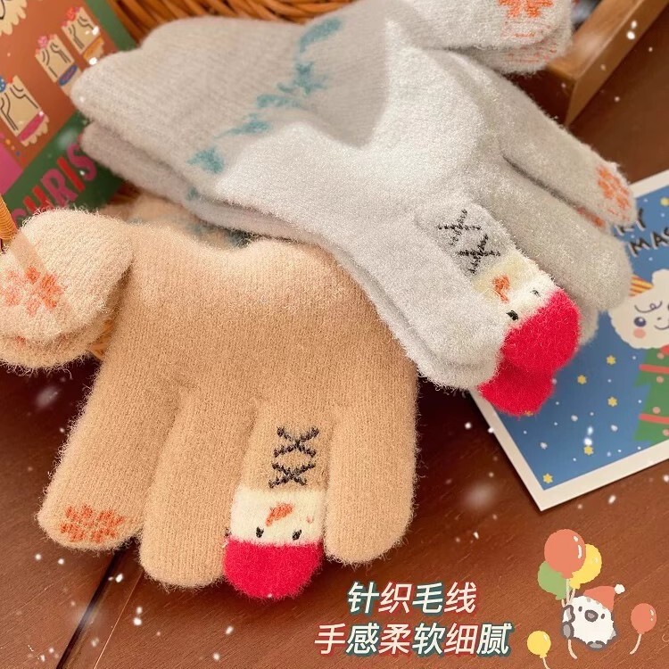 毛线手套女冬季可爱雪人针织可触屏加厚保暖骑行车五指冬天防寒棉|undefined