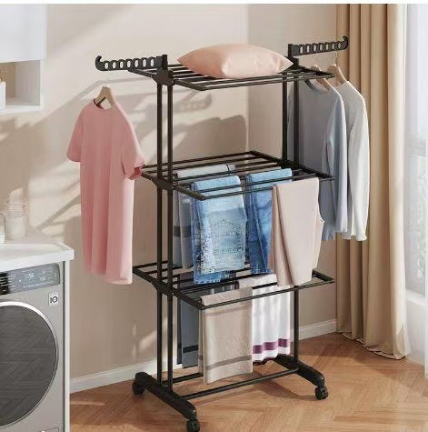 Transfronterizos de tres capas de masaje móvil barbería toallas plegables telescópicas piso doble barra de secado rack