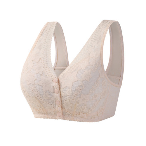New front-button bra for middle-aged and elderly women, lace, wide shoulder straps, vest-style large size bra without wires