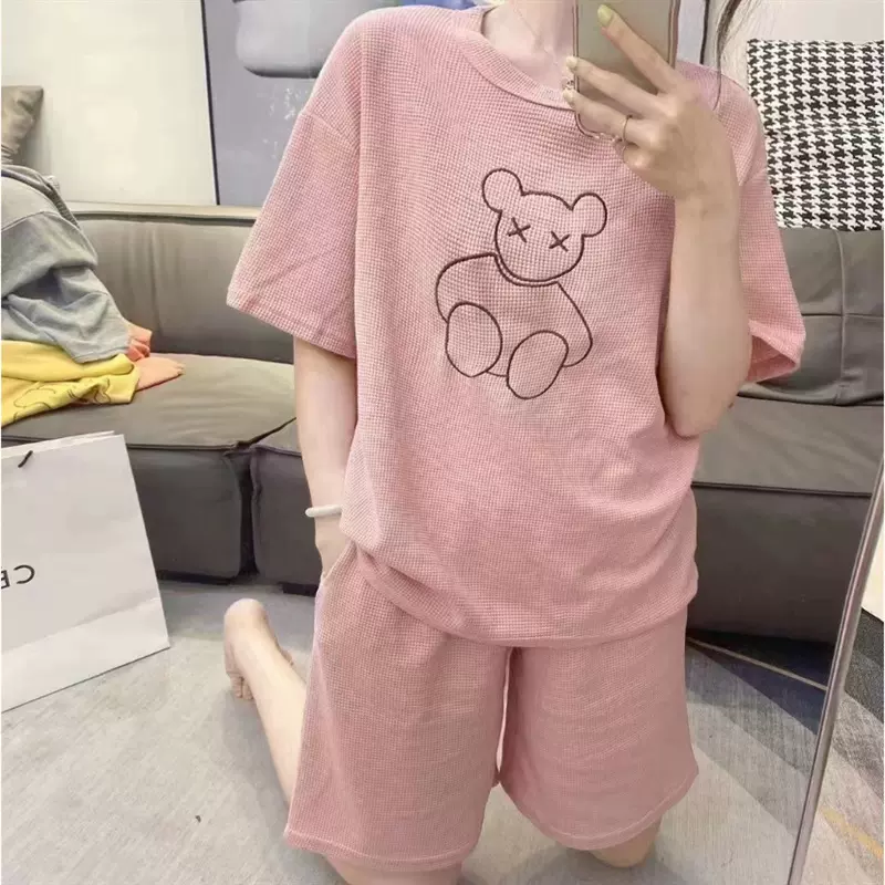 时尚华夫格小熊套装女夏季韩版可外穿圆领睡衣口袋刺绣休闲家居服
