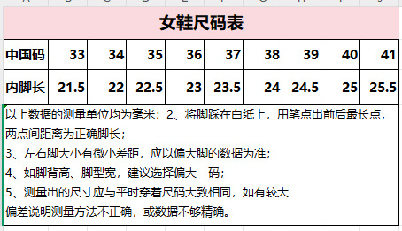 女鞋尺码表