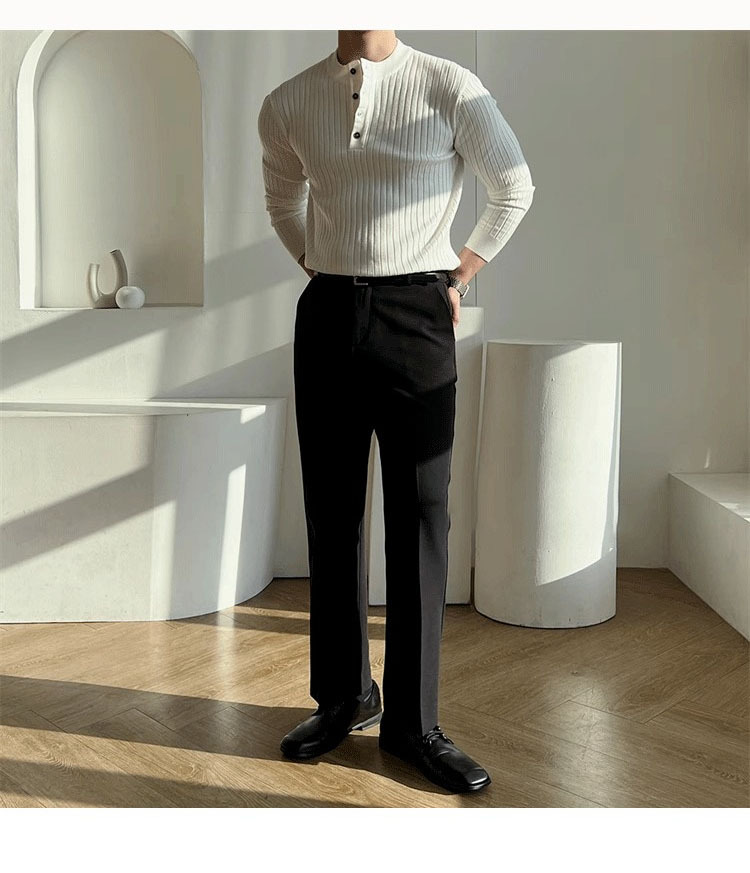 Men's Slim-Fit Henley Knit Shirt - Breathable Polyester Long Sleeve Top, Striped Muscle Fit For Gym & Casual Wear (Spring/Fall Collection)_viptrois.com