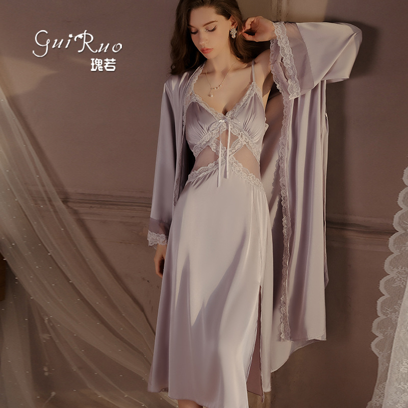 Dz Guiruo Brand Intimates Sexy Deep V with Breast Pads See-Through Lace Suspender Nightgown Outer Robe Pure Desire Suit 2890