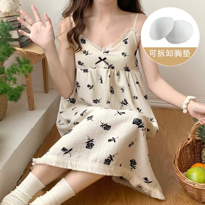 Pijama de verano de mujer dulce colgante cojín de pecho de algodón tejido sexy burbuja tela arrugada bordilla pijama de mujer lindo vestido