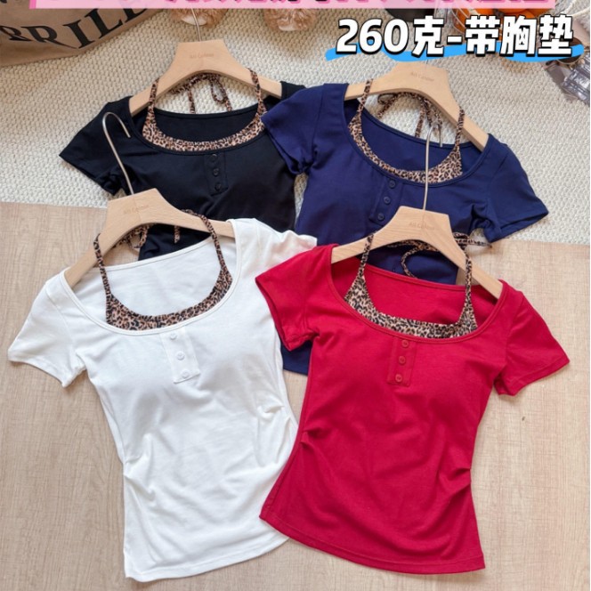 5157 # Hot Girl Sexy Leopard Print Halter Neck Fake Two-Piece Short-Sleeve T-Shirt for Women, Summer Slim Fit with Waist Belt and Chest Pads, Outerwear Top