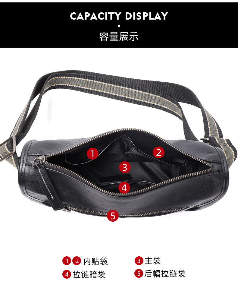 Túi đeo chéo nam da bò kiểu retro 29×11×17 cm — Màu đen da thực vật, Da cầm tay màu đen chi tiết 10