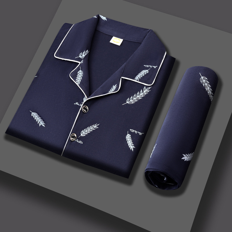 100% pijamas de algodón de manga larga de los hombres sueltos más tamaño aguja pequeño collar inverso joven y de mediana edad de primavera y otoño ropa de casa manga corta tejida