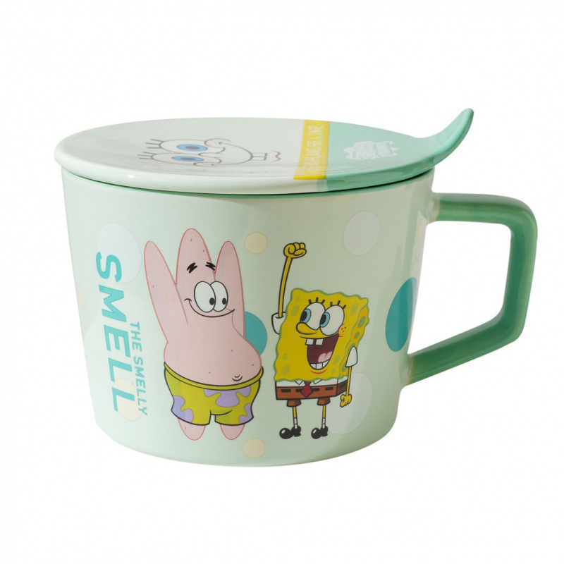 Bob Esponja cerámica con cubierta de espuma taza de fideos tazón set de cubiertos pareja casero regalo de cumpleaños inwind