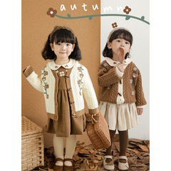 吾里卜一女童復古森系襯衫套裝針織毛衣開衫秋季款褲子寶寶連衣裙