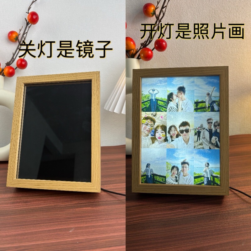 Wholesale Light Painting Hollow Photo Frame Display Stand Photo Printing Mirror Frame Atmosphere Night Light Ornament Gift Solid Wood