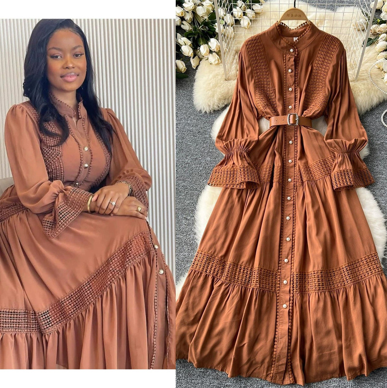 French Court Vintage Elegant dress Women's Vertical Collar Trumpet Sleeve Tight Waist Single-breasted Lace Stitching Large Dress