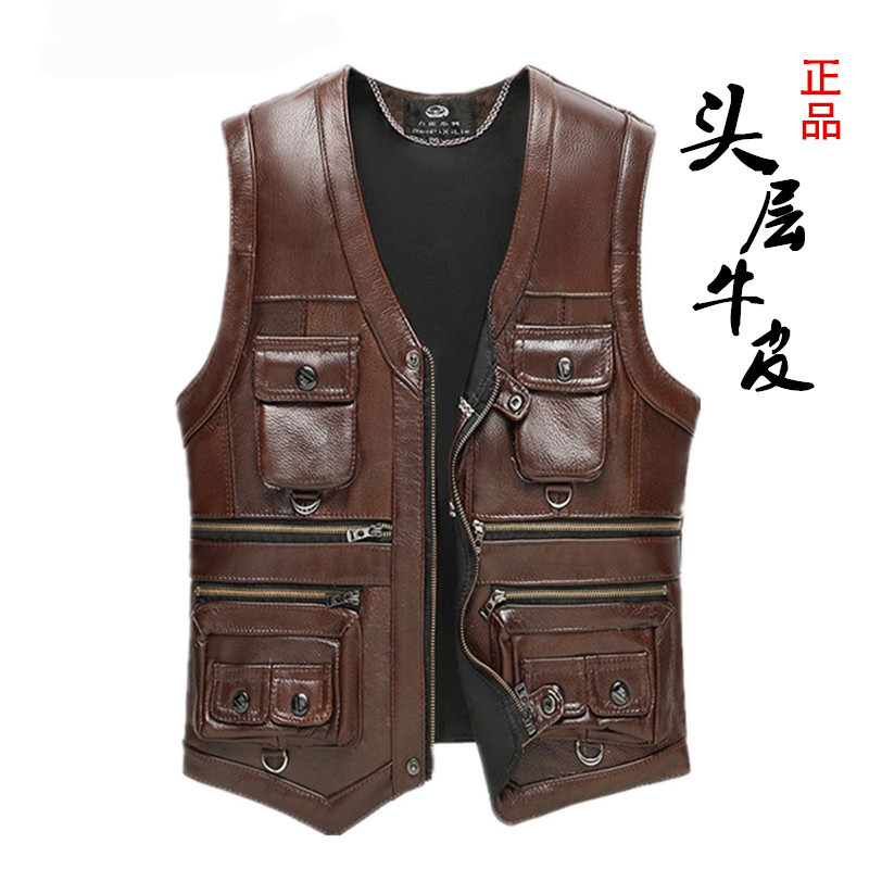 Genuine Leather Vest Men's Top Layer Cowhide Reporter Clothing Fishing Ware Outdoor Warm Autumn and Winter Middle-aged and Elderly Multi-pocket Dad Clothes
