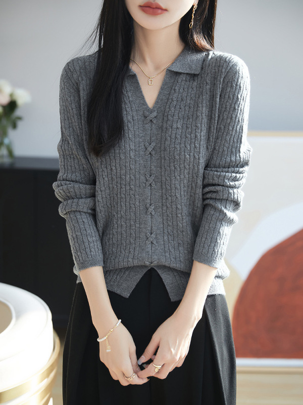 polo翻领针织衫长袖扭花复古毛衣女宽松显瘦内搭纯色上衣打底衫|undefined