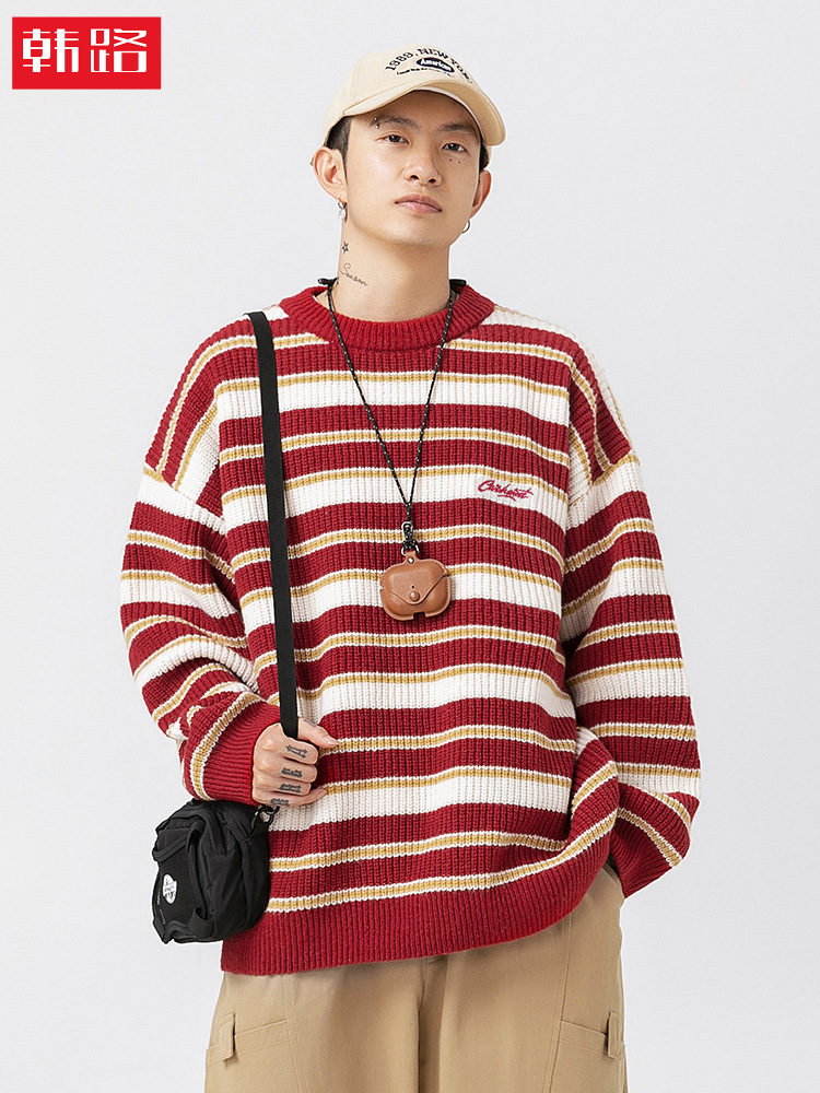Suéter de punto grueso pesado a rayas para hombres 2024 otoño e invierno nueva pareja retro contraste color chaqueta de suéter de cuello redondo japonés image 1