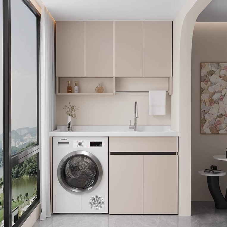 Gabinete de lavadora de panal de aluminio grueso con balcón integrado con tablero de fricción moderno y simple lavabo de piedra de cuarzo
