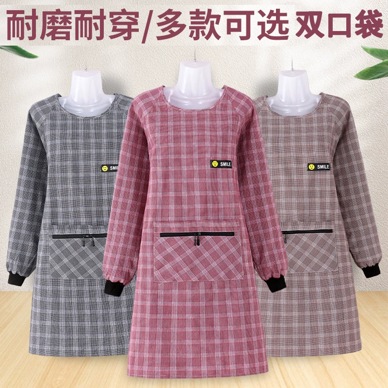 Корейский фартук женский длинный рукав хлопчатобумажная молния с двойным карманом